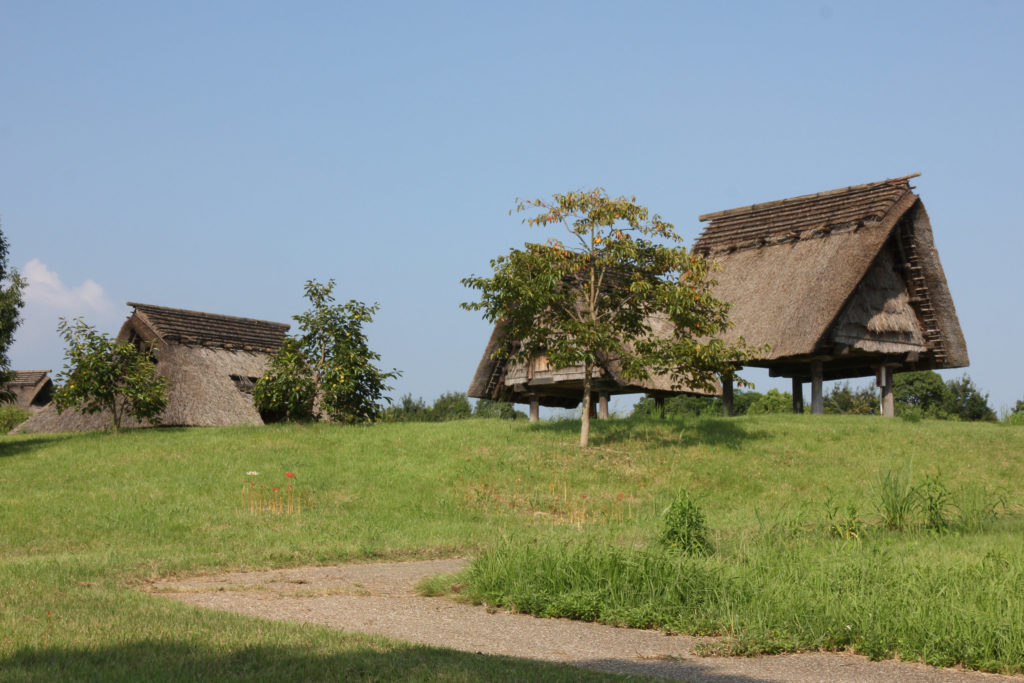 栗の木と高床倉庫、左に竪穴住居