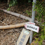 旧長崎街道の道標と看板。矢印は小倉方面を向いている(岩松町)