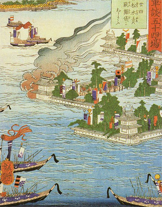 高松城水攻めの様子を描いた錦絵