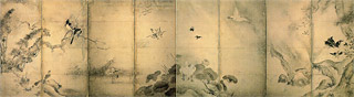 四季花鳥図屏風 能阿弥(出光美術館蔵)<br />
応仁3年(1469)に能阿弥によって描かれた現存する最古の水墨花鳥図屏風